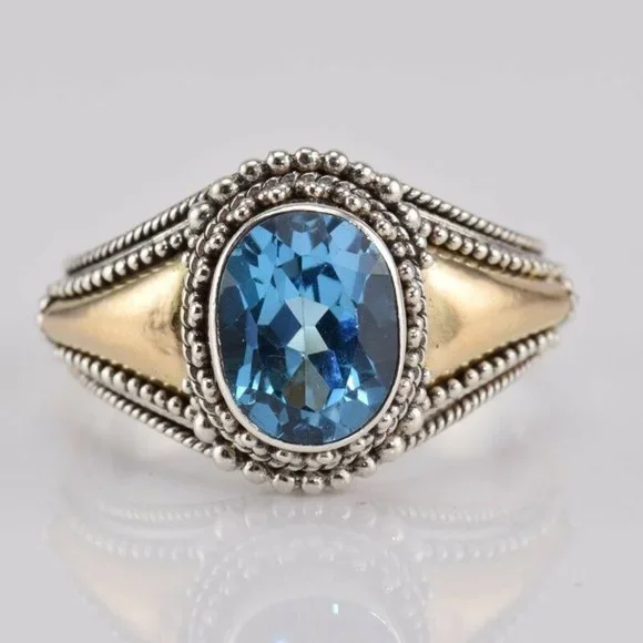 SUARTI BALI BA Sterling Silver & 18K Gold 2.5CT Blue Topaz Ring Dotted Size 8.75 - Picture 1 of 5